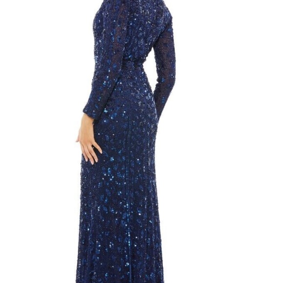 Mac Duggal 5002# Size 12 Embellished Front Slit Long-Sleeve Midnight Blue Gown - Picture 2 of 6